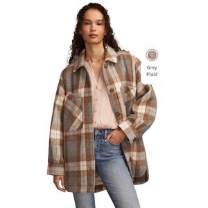 Lucky Brand Plaid Shacket Womens XL Grey Brown Oversize‎ Shirt Jacket New